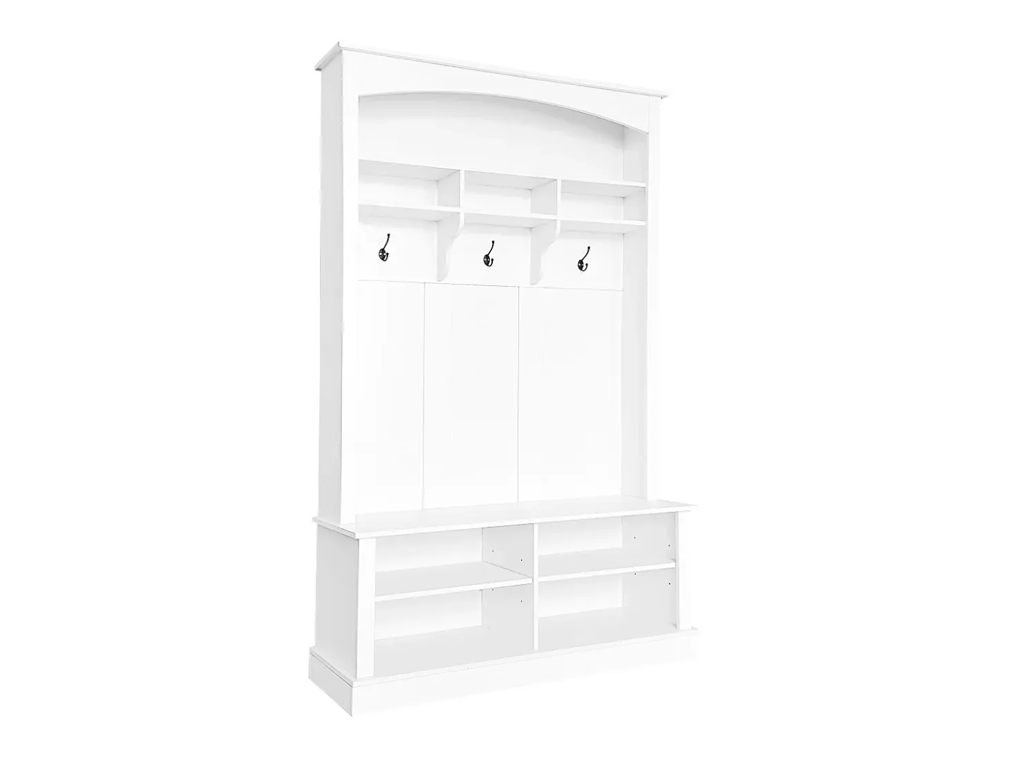 Guardarropa blanco con banco, zapatero, 3 ganchos y almacenaje abierto 120x40x190 cm