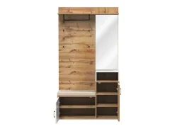 Guardarropa blanco y madera con espejo, 2 puertas, banco y 4 colgadores 105x40x190,5cm