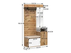 Guardarropa blanco y madera con espejo, 2 puertas, banco y 4 colgadores 105x40x190,5cm