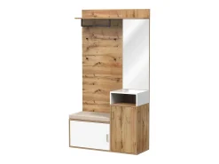 Guardarropa blanco y madera con espejo, 2 puertas, banco y 4 colgadores 105x40x190,5cm