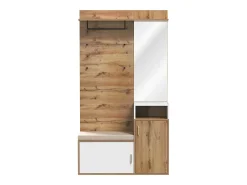 Guardarropa blanco y madera con espejo, 2 puertas, banco y 4 colgadores 105x40x190,5cm