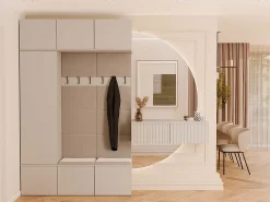 HAGA - Conjunto de entrada con 1 armario + 2 percheros de 6 ganchos + banco 150x35x238 cm - beige cachemira
