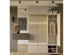 HAGA - Conjunto de entrada con 1 armario + 2 percheros de 6 ganchos + banco 150x35x238 cm - beige cachemira