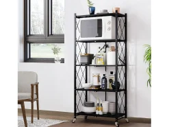 HomeMiYN Juego de 2 Estanterías Plegables de Almacenamiento, 4 a 5 Niveles - Estanterías Multifuncionales con Ruedas, 71x34x159 cm, Negro