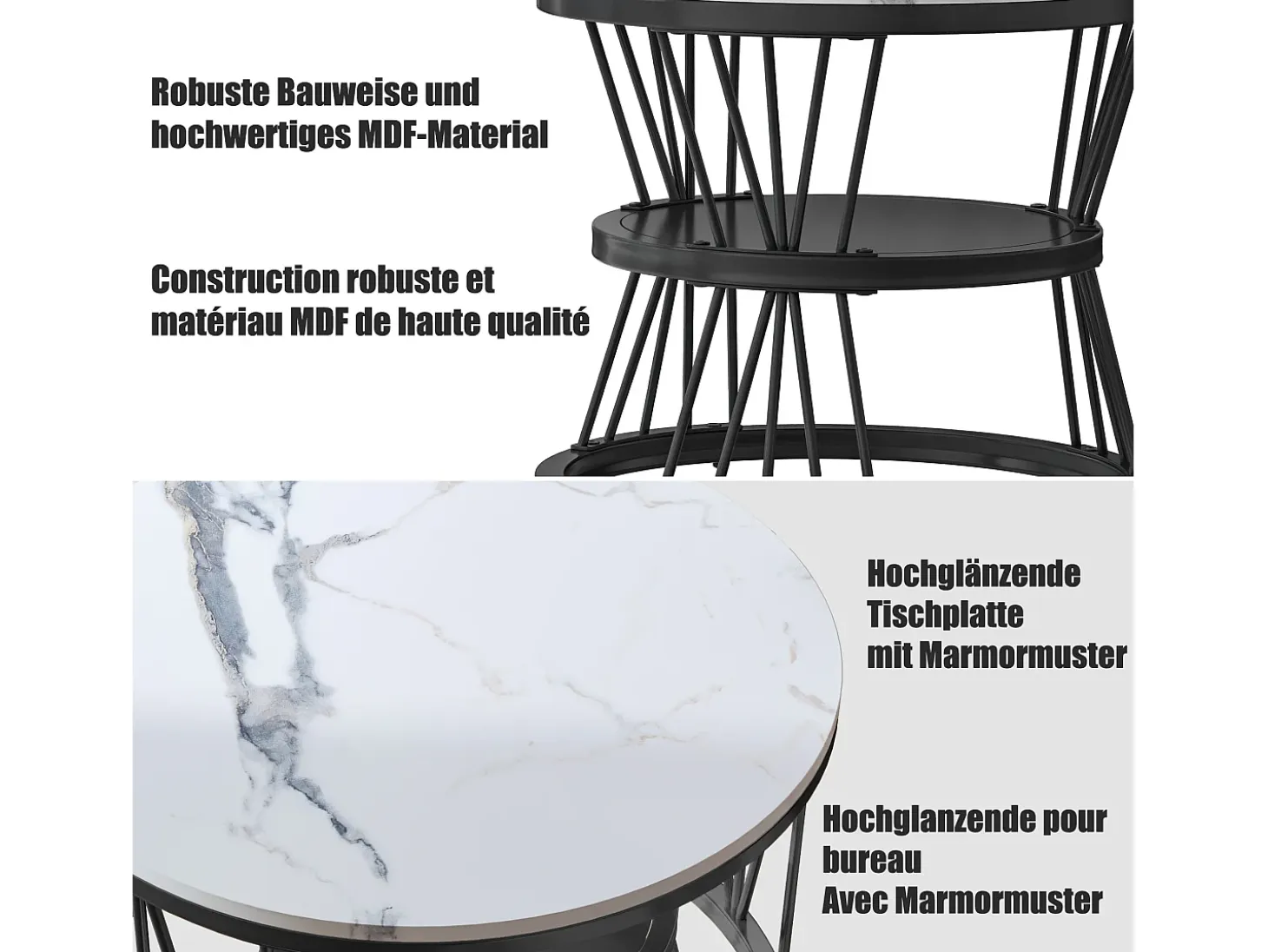 Juego de 2 mesas de centro redondas de mármol - Mesa auxiliar moderna de chapa - Mesa de centro para sala de estar, sala de recepción, balcón y oficina - Negro