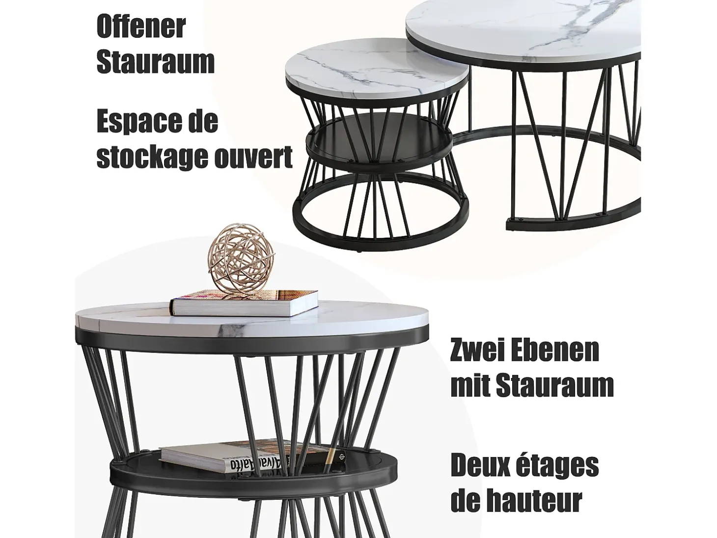 Juego de 2 mesas de centro redondas de mármol - Mesa auxiliar moderna de chapa - Mesa de centro para sala de estar, sala de recepción, balcón y oficina - Negro