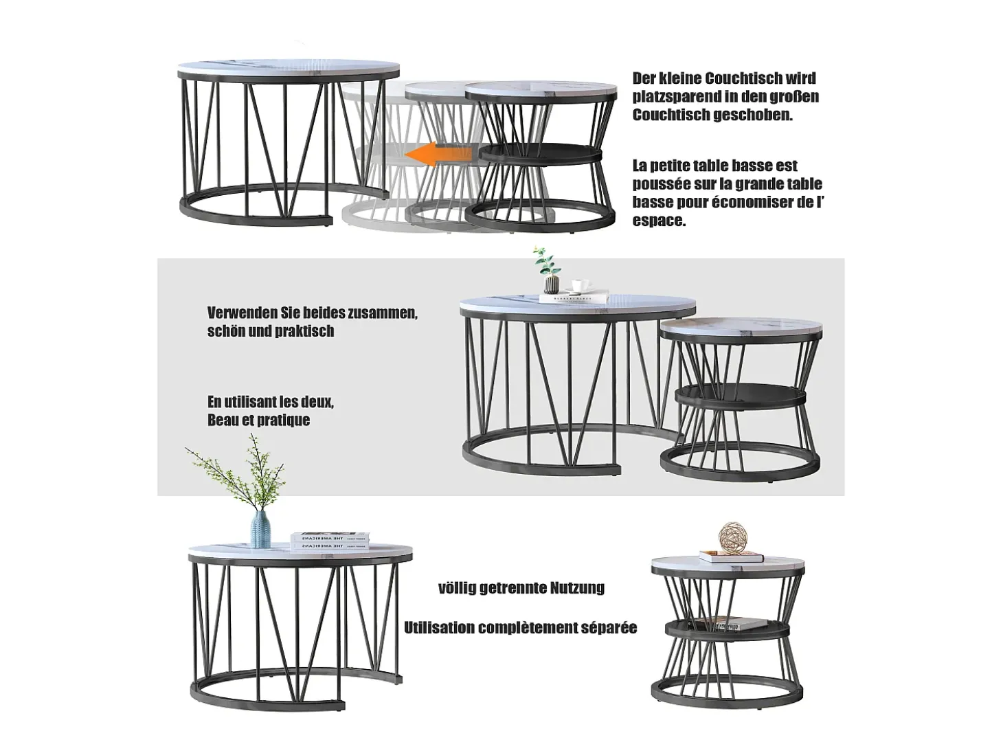 Juego de 2 mesas de centro redondas de mármol - Mesa auxiliar moderna de chapa - Mesa de centro para sala de estar, sala de recepción, balcón y oficina - Negro