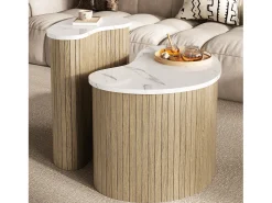 Juego de 2 mesas de centro efecto mármol y madera - mesa de salón multifuncional - MDF - natural + blanco