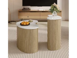 Juego de 2 mesas de centro efecto mármol y madera - mesa de salón multifuncional - MDF - natural + blanco