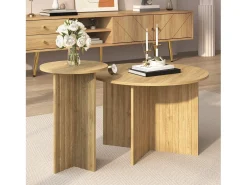 Juego de 2 mesas de centro moderna con tablero de madera con vetas redondas – para salones y oficinas