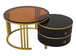 Juego de 2 mesas de centro nido con 2 cajones - Tapa de cristal templado marrón - Negro