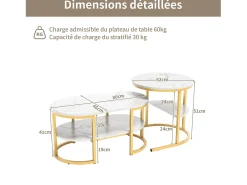 Juego de 2 mesas de centro - Mesas de centro nido - 80x46x41 cm - Estructura de metal dorado