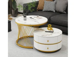Juego de 2 mesas de centro nido redondas con 2 cajones - 60x60x46cm + 50x50x30,8cm - Motivo mármol - Madera MDF y metal - Blanco + dorado