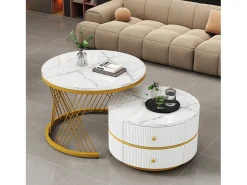 Juego de 2 mesas de centro nido redondas con 2 cajones - 60x60x46cm + 50x50x30,8cm - Motivo mármol - Madera MDF y metal - Blanco + dorado