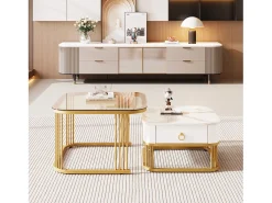 Juego de 2 mesas de centro nido con 1 cajón, mesa de centro cuadrada - tapa de cristal y aspecto de mármol - madera y metal dorado - blanco brillante