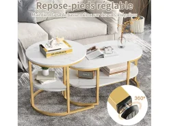 Juego de 2 mesas de centro nido escandinavas - Mesa auxiliar ovalada con estampado de mármol y estantes de almacenamiento - Estructura de metal - Dorado