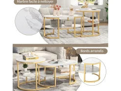 Juego de 2 mesas de centro nido escandinavas - Mesa auxiliar ovalada con estampado de mármol y estantes de almacenamiento - Estructura de metal - Dorado