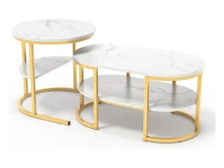 Juego de 2 mesas de centro nido escandinavas ovaladas con estampado de mármol, estantes y estructura de metal dorado.