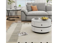 Juego de 2 mesas de centro nido redondas con 2 cajones - 60x60x46cm + 50x50x30,8cm - Motivo mármol - Madera MDF y metal - Blanco + negro
