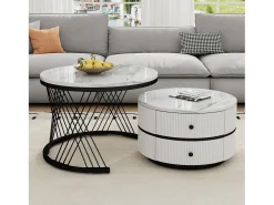 Juego de 2 mesas de centro nido redondas con 2 cajones - 60x60x46cm + 50x50x30,8cm - Motivo mármol - Madera MDF y metal - Blanco + negro