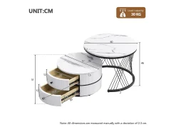 Juego de 2 mesas de centro nido redondas con 2 cajones - 60x60x46cm + 50x50x30,8cm - Motivo mármol - Madera MDF y metal - Blanco + negro