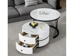Juego de 2 mesas de centro nido redondas con 2 cajones - 60x60x46cm + 50x50x30,8cm - Motivo mármol - Madera MDF y metal - Blanco + negro