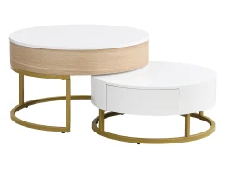 Juego de 2 mesas de centro nido con tapa elevable y cajones, cuerpo blanco y acabado madera, estructura de metal dorado.