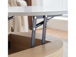 Juego de 2 mesas de centro nido con tapa elevable y cajones, cuerpo blanco y acabado madera, estructura de metal dorado.
