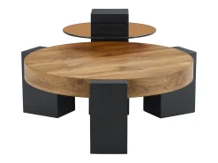 Juego de 2 mesas de centro - Mesas redondas imitación madera - Madera MDF + cristal - Color madera y negro