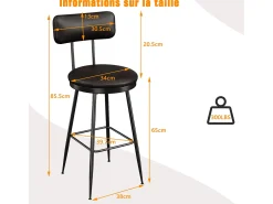Juego de 2 sillas de mostrador de piel sintética negra, altura 65 cm, para cocina
