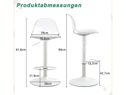 Juego de 2 taburetes de bar con respaldo transparente - Altura ajustable - Patas de metal blanco