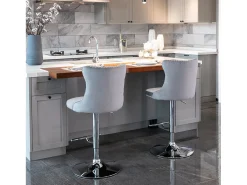 Juego de 2 taburetes de bar giratorios en terciopelo - Altura regulable de 63,5 a 84 cm - Gris y plata
