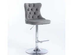 Juego de 2 taburetes de bar giratorios en terciopelo - Altura regulable de 63,5 a 84 cm - Gris y plata