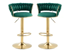 Juego de 2 taburetes de bar giratorios 360° y regulables en altura con reposapiés, terciopelo, verde y plateado