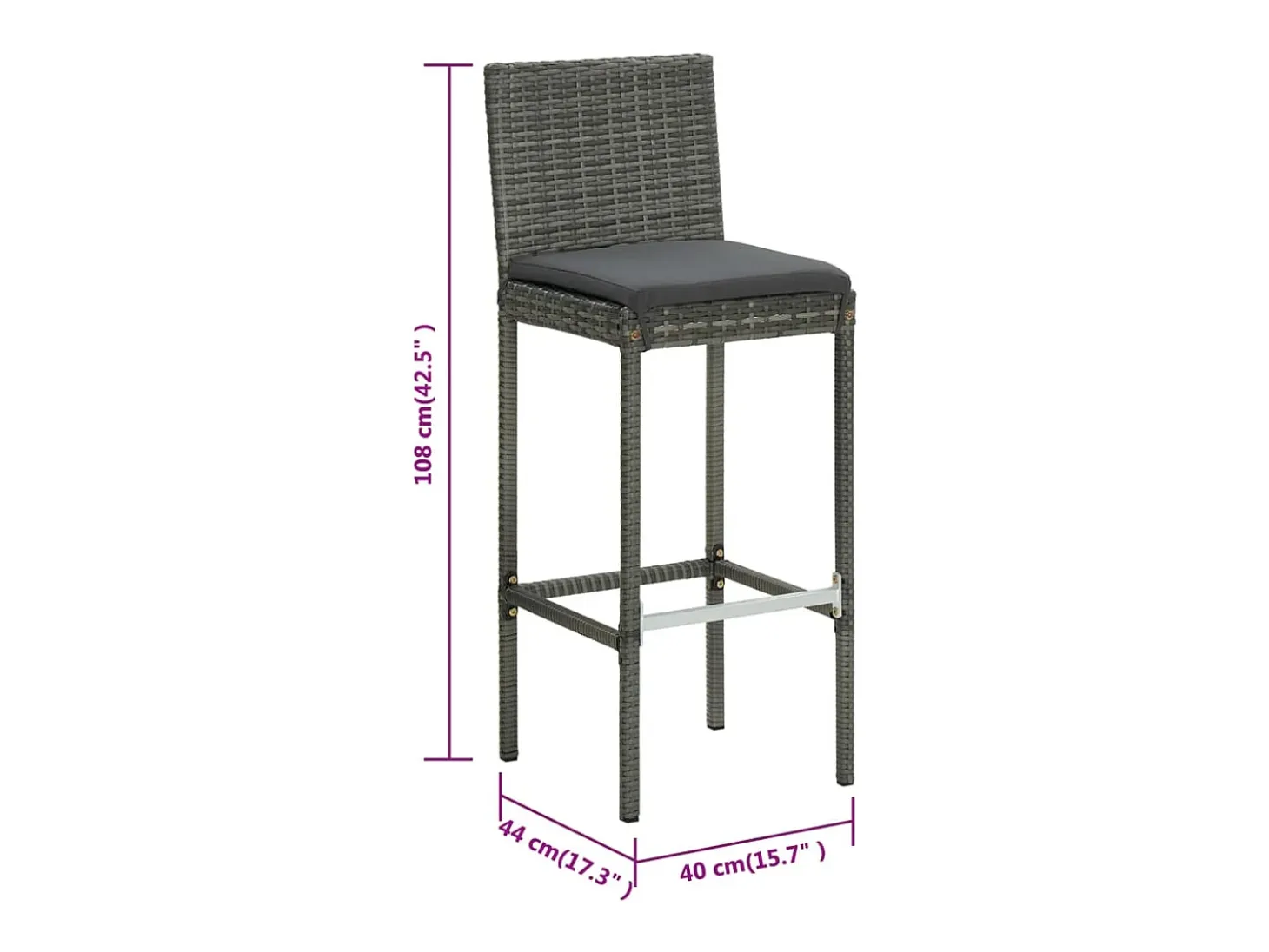 Juego de 6 taburetes de bar con cojines de resina de mimbre gris