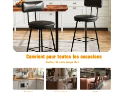 Juego de 2 taburetes de bar - Sillas altas de cocina - Taburetes de bar con reposapiés y respaldo - Para comedor y cocina - Piel sintética - Negro