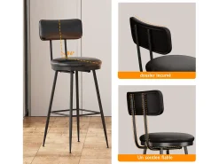 Juego de 2 taburetes de bar - Sillas altas de cocina - Taburetes de bar con reposapiés y respaldo - Para comedor y cocina - Piel sintética - Negro