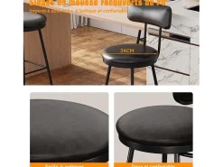 Juego de 2 taburetes de bar - Sillas altas de cocina - Taburetes de bar con reposapiés y respaldo - Para comedor y cocina - Piel sintética - Negro
