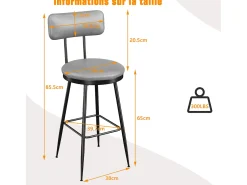 Juego de 2 taburetes de bar, silla alta de cocina con reposapiés y respaldo, para comedor y cocina, piel sintética, color gris