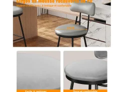 Juego de 2 taburetes de bar, silla alta de cocina con reposapiés y respaldo, para comedor y cocina, piel sintética, color gris