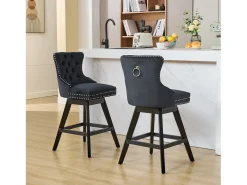 Juego de 2 taburetes de bar giratorios en terciopelo - Patas de madera - Negro