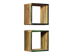 Juego de estantes de pared de 3 piezas, teca maciza reciclada, multicolor