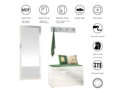 Juego de Guardarropa Hanko: Incluye 1 Banco para Zapatos, 1 Perchero y 1 Espejo de Pared, blanco mate/blanco de alto brillo