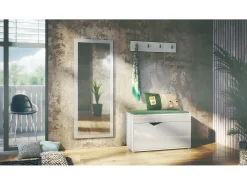 Juego de Guardarropa Hanko: Incluye 1 Banco para Zapatos, 1 Perchero y 1 Espejo de Pared, blanco mate/blanco de alto brillo