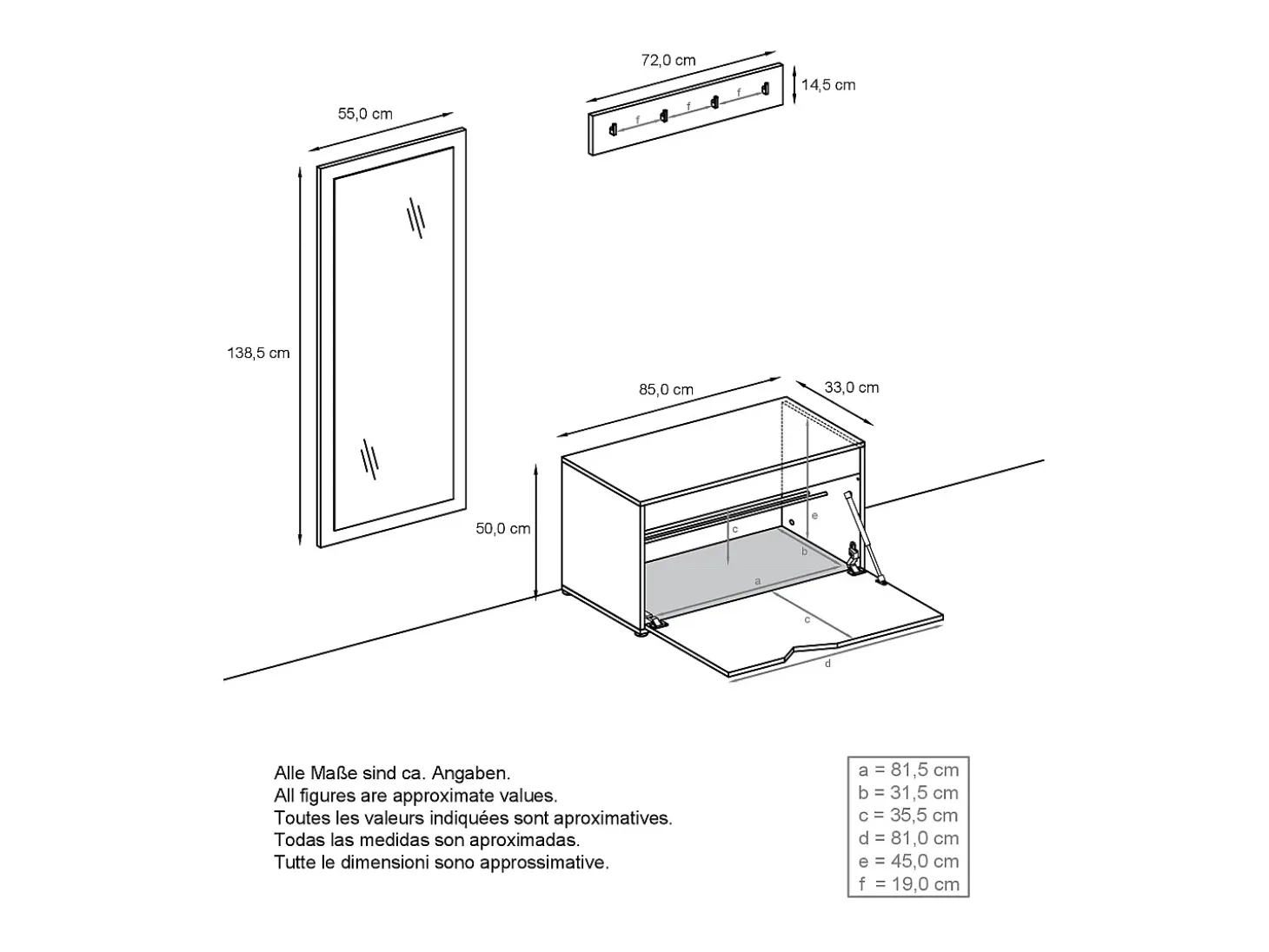 Juego de Guardarropa Hanko: Incluye 1 Banco para Zapatos, 1 Perchero y 1 Espejo de Pared, blanco mate/negro de alto brillo