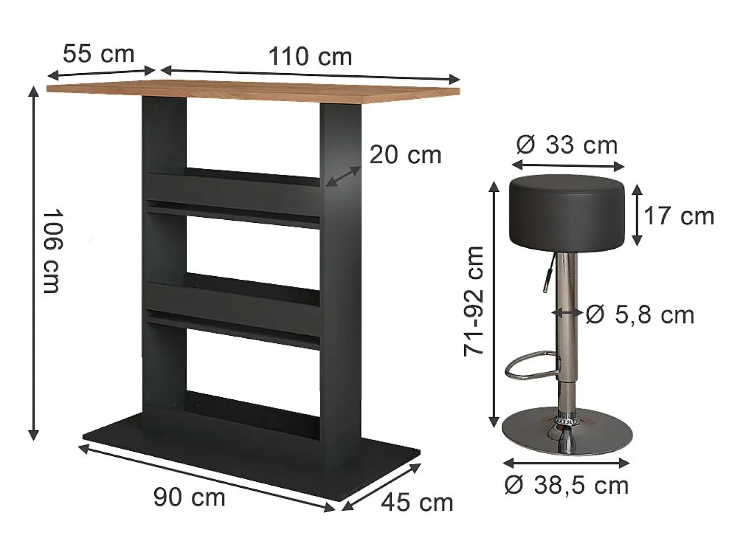 Juego de mesa de bar oro power roble/antracita 110x55x106 repose