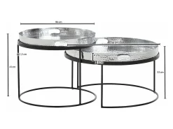 juego de mesa de centro de 2 plata / metal negro acabado martillado mesa anidada redonda
