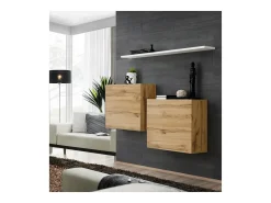 Juego de muebles de salón SWITCH SBI diseño, color roble Wotan y estantería blanca.