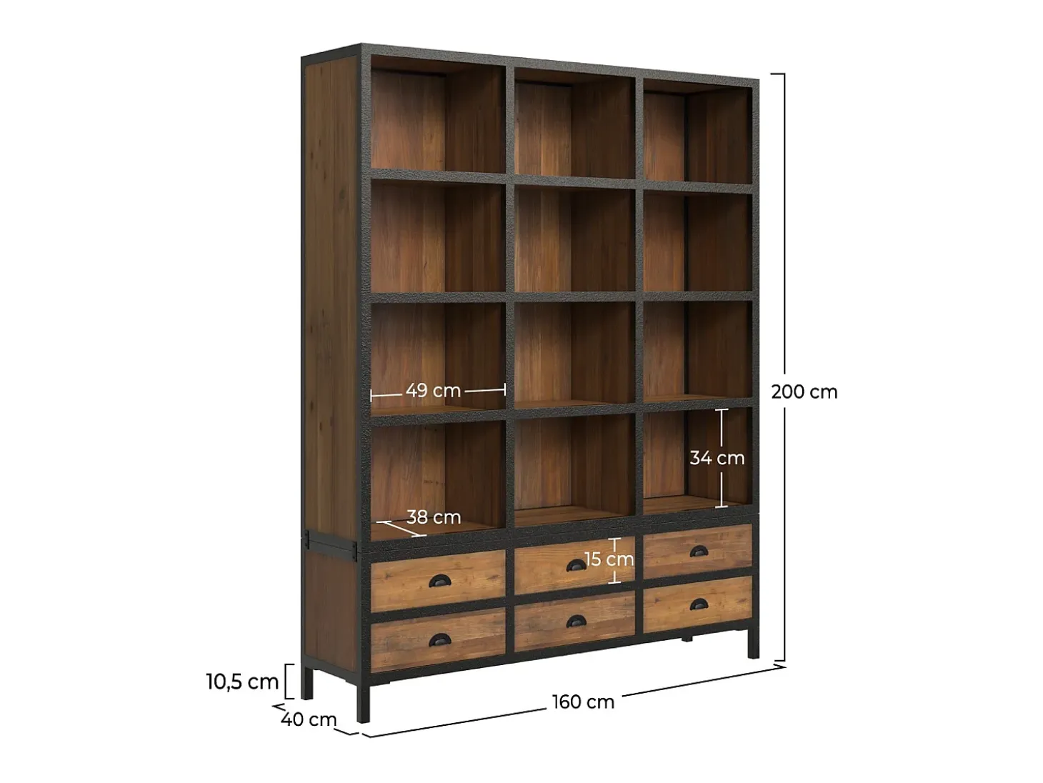 Librería 6 cajones 12 nichos en metal y madera de cedro - Shelby