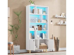Librería 80×30×173 cm - iluminación LED de cambio de color - 2 puertas - compartimentos de almacenamiento - blanco